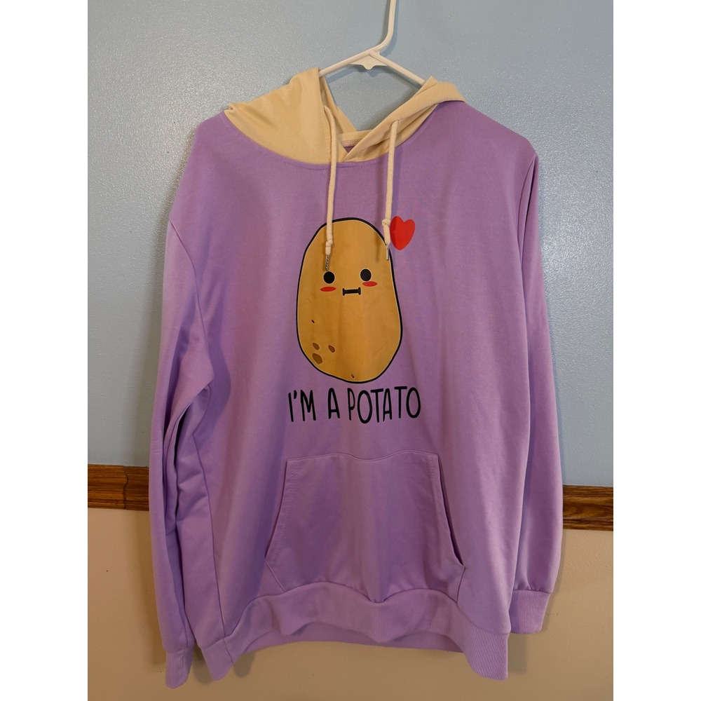 ZOU Purple I'm A Potato Graphic Hoodie Sweatshirt Women Large Lavender Cream
